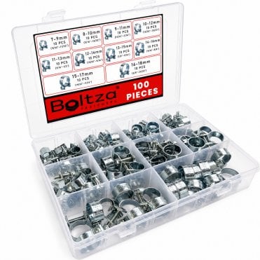 100 Piece Assortment Kit of Zinc Plated Mini Hose Clamps / Fuel Line Hose Clips for Diesel Petrol Pipes & Pipelines