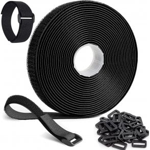 On1shelf® 25mmx5m with 25pcs Plastic Buckle Hook & Loop Strap Roll Black