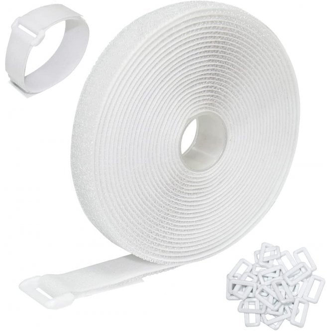 5m Adjustable Cable Straps with Buckles - Versatile White Hook and Loop Ties for Superior Cable and Cord Organisation