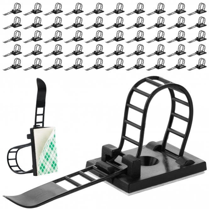 85mm Self-Adhesive Adjustable Cable Clips – Black (Pack of 50) – Strong Nylon Wire Clamps, Free Delivery