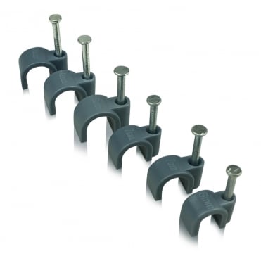 Grey round cable clips with fixing nails in packs of 50, 100, 200 & 400. Ideal for electrical, TV and ethernet cable fixing.