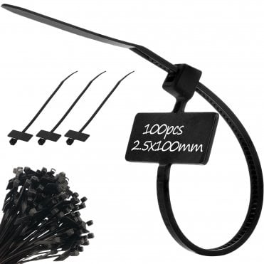 Marker & Labelling Cable Ties - Black 2.5mm x 100mm, Pack of 100, Strong & Waterproof