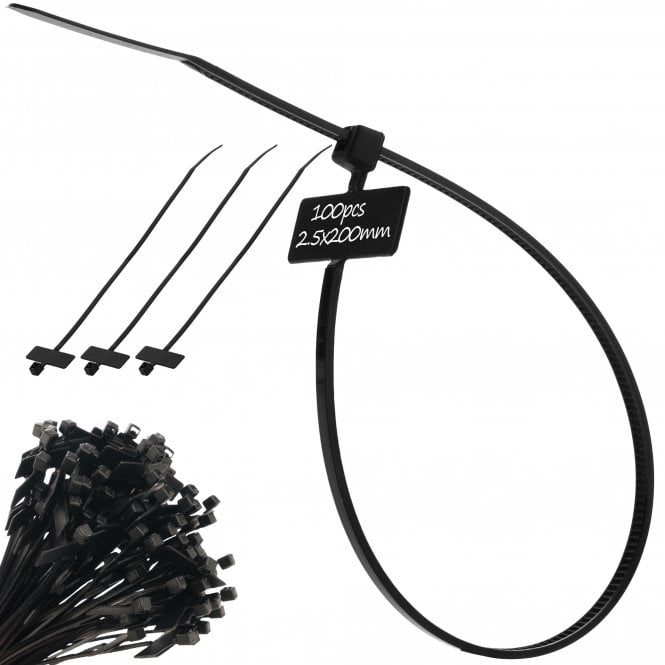 Marker & Labelling Cable Ties - Black 2.5mm x 200mm, Pack of 100, Strong & Waterproof