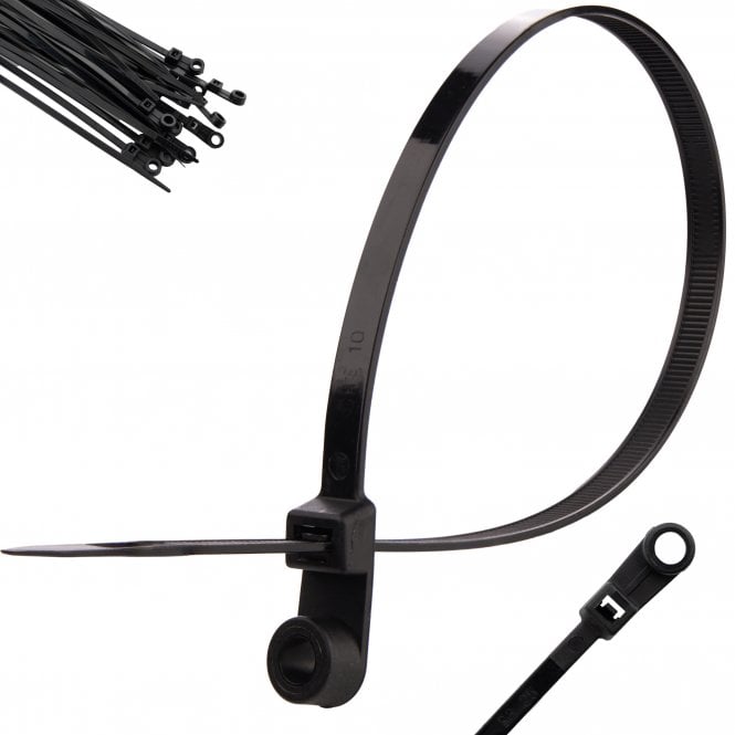 Mountable Head Screw Mount Cable Ties - Black - 3.6mm x 100mm, 100-Pack
